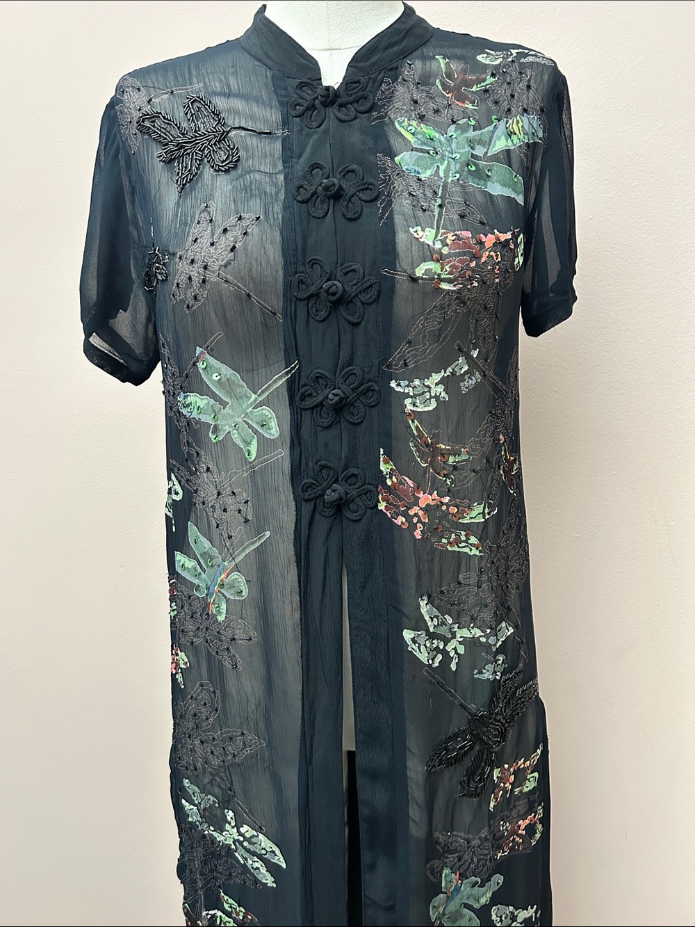 VTG Cache Sheer Black Embroidered Butterfly Duster Asian frog closure sz small - Picture 3 of 16